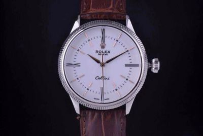 Swiss Quality Rolex Cellini Time Watch White Dial Brown Leather